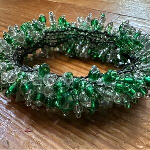 Emerald and Silver Handwoven Beaded Bracelet, Made in Indonesia.